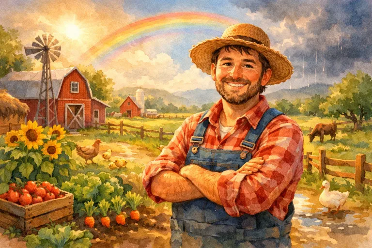 A proud farmer standing in his lush farm after a storm, symbolizing resilience and gratitude