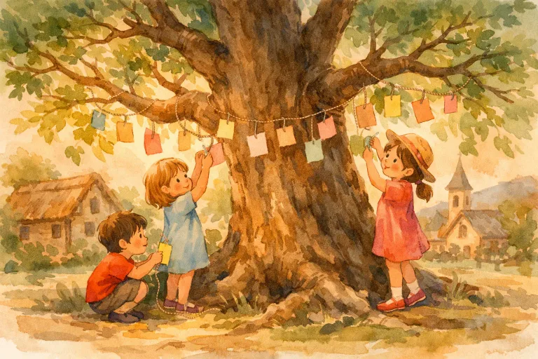 Children hanging notes of thanks on a large, old tree in a peaceful village, illustrating gratitude sharing