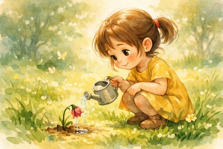A young girl watering a tiny flower in a bright meadow, illustrating the story of small acts of kindness