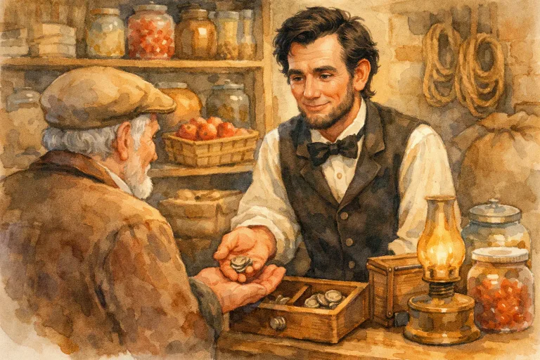 Young Abraham Lincoln returns change to a customer with a kind smile in a rustic 19th-century shop.