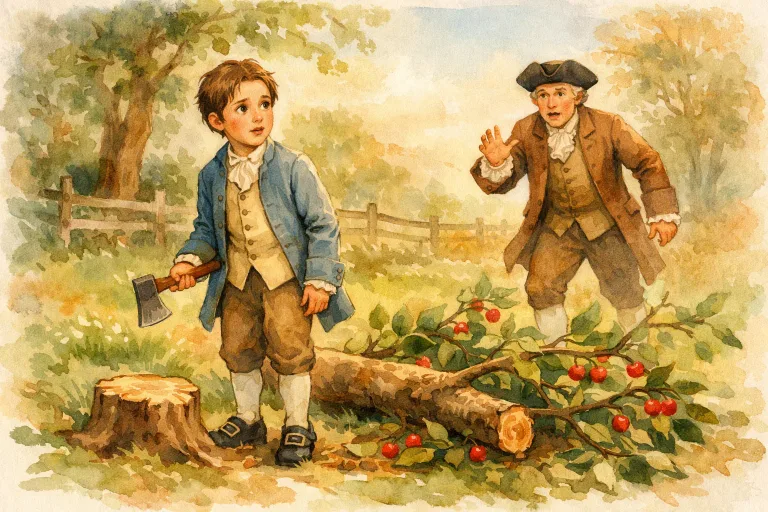 Young George Washington stands by a chopped cherry tree, looking uneasy as his father approaches.