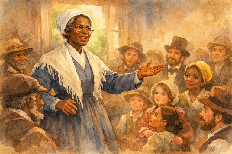 Sojourner Truth stands before a diverse 19th-century audience, speaking passionately.