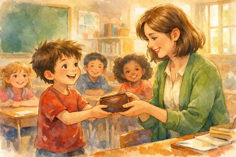 Cheerful boy handing over a wallet to a teacher in a classroom