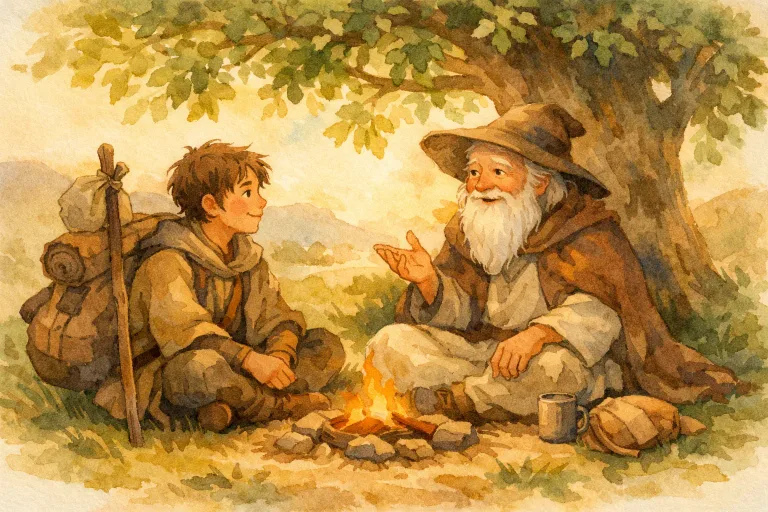 Humble traveler talking to a wise friend under a tree
