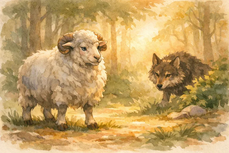 Old sheep standing confidently in front of a wolf