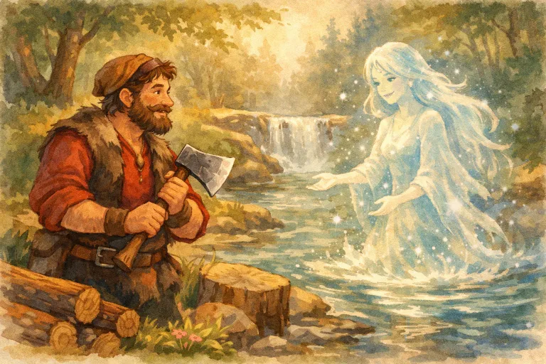Honest woodcutter with a mystical spirit emerging from a river