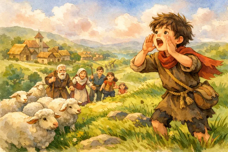 Young shepherd boy shouting in the village with villagers rushing up the hill