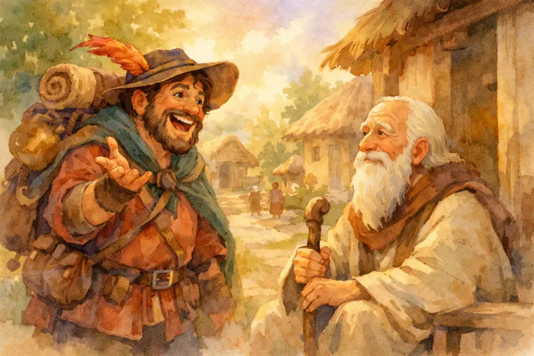 A cheerful traveler talking to a wise old man in a peaceful village scene, watercolor style