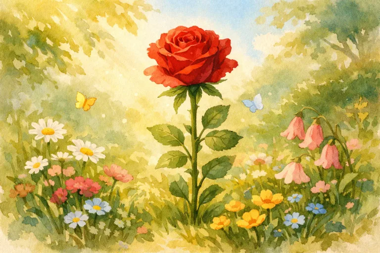A proud red rose in a colorful garden, overshadowing gentle flowers, watercolor style