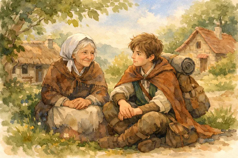 An elderly wise woman sharing a story with a young traveler in a lush village, watercolor style