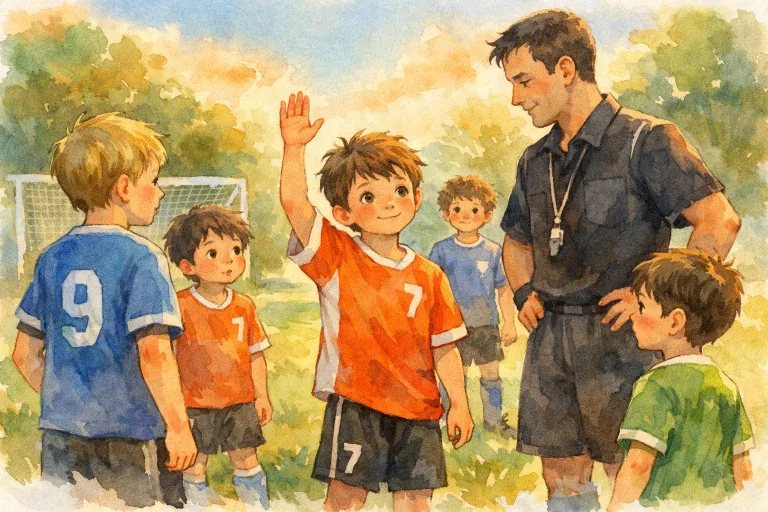A boy admitting to a foul during a soccer match, with players and a referee nearby