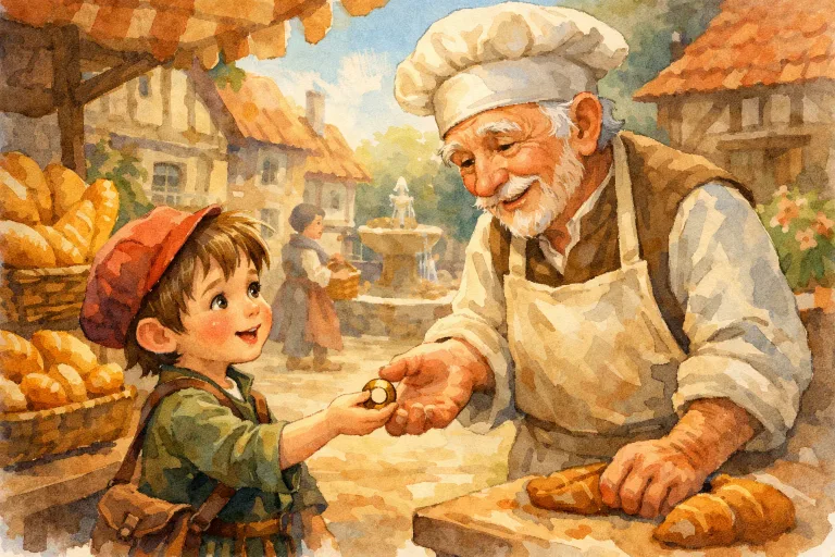 A young boy returning a lost ring to a kind baker, with a village square in the background