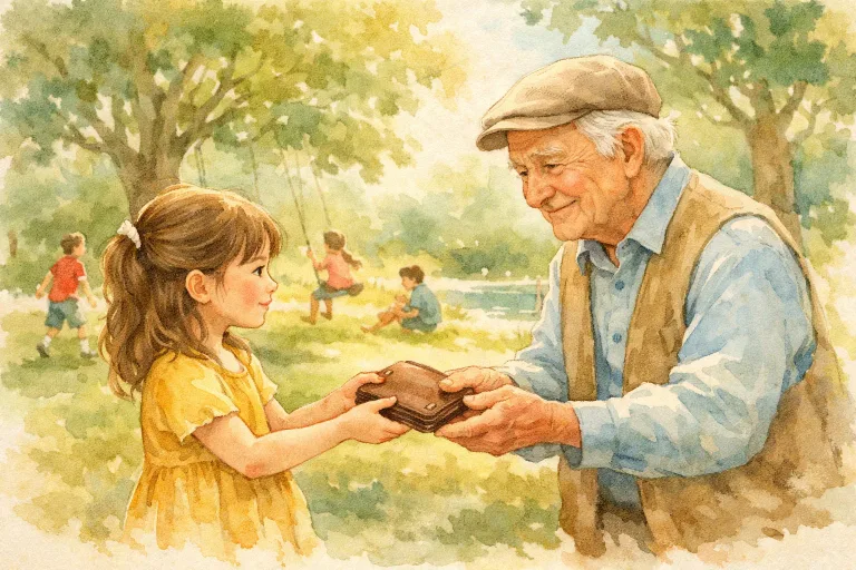 A girl returning a wallet to an elderly man in a park, with trees and children playing nearby