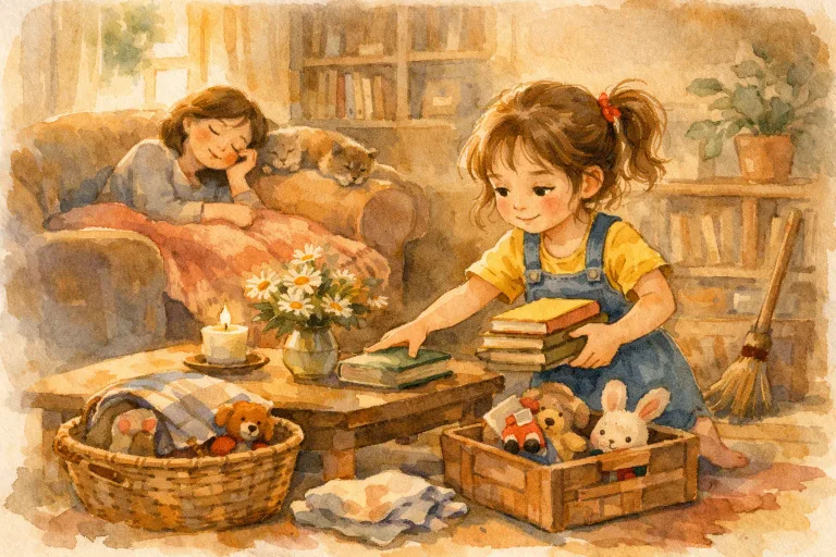 A girl secretly cleaning her mother’s house, smiling quietly as she works