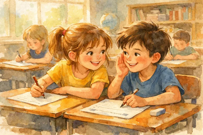 A young girl encouraging her classmate to be honest during a test, in a bright classroom