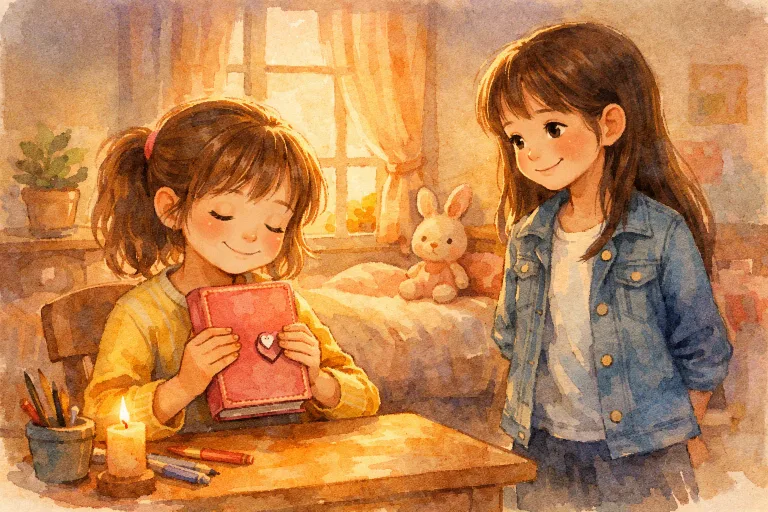 A girl gently closing a diary and smiling, with her best friend nearby