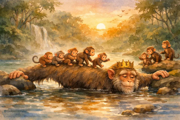 A troop of monkeys crossing a river on the back of their selfless monkey king at dawn