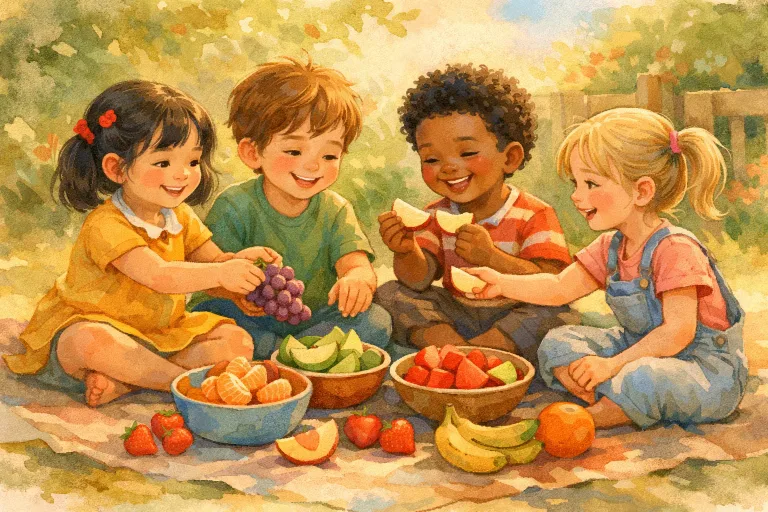 Children happily sharing a basket of fruits equally.