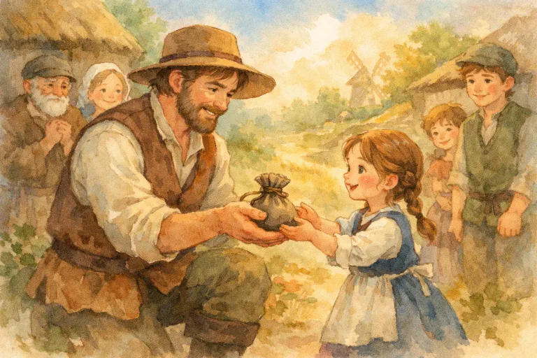 A farmer returning a bag of coins to a young girl in a village.