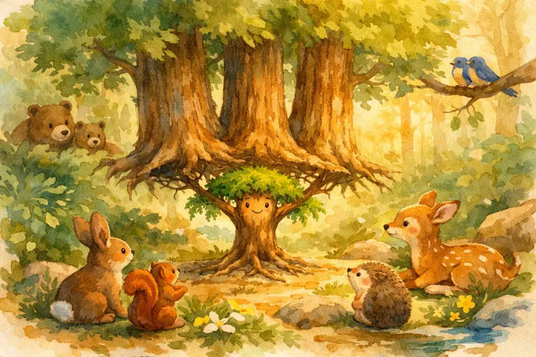 A small sapling helping to hold up tall trees during a storm, surrounded by forest animals.