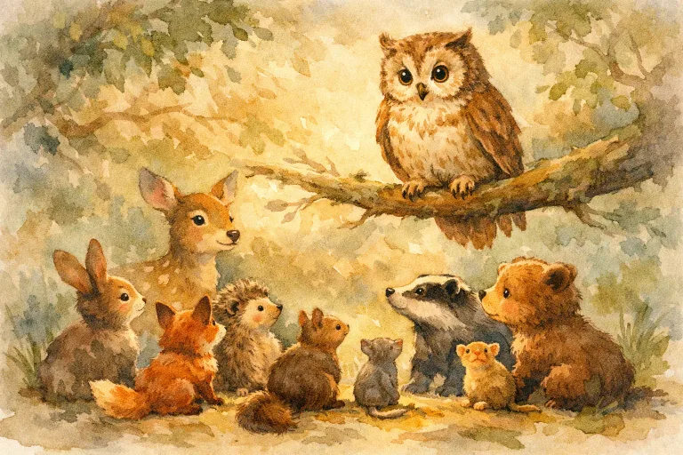 A wise owl listening to animals before making a fair decision.