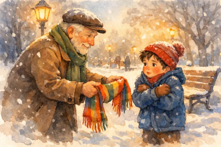 Mr. Lee giving a colorful scarf to a cold boy in a snowy park
