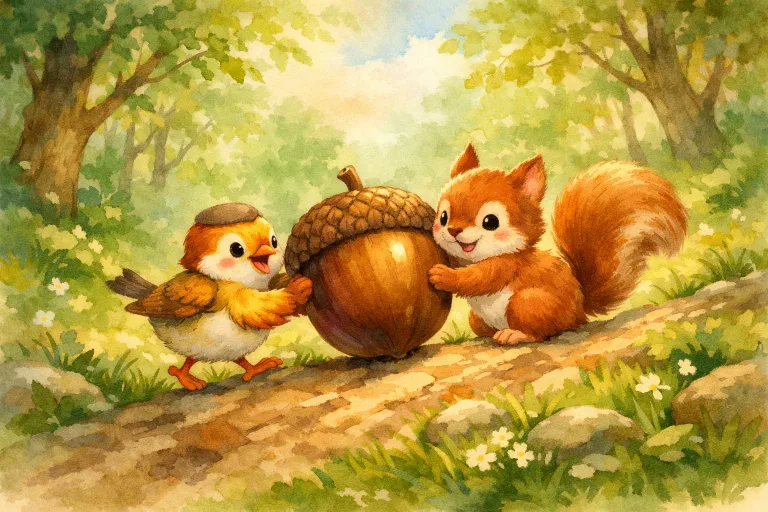 Benny the bird helping Sammy carry an acorn up the hill