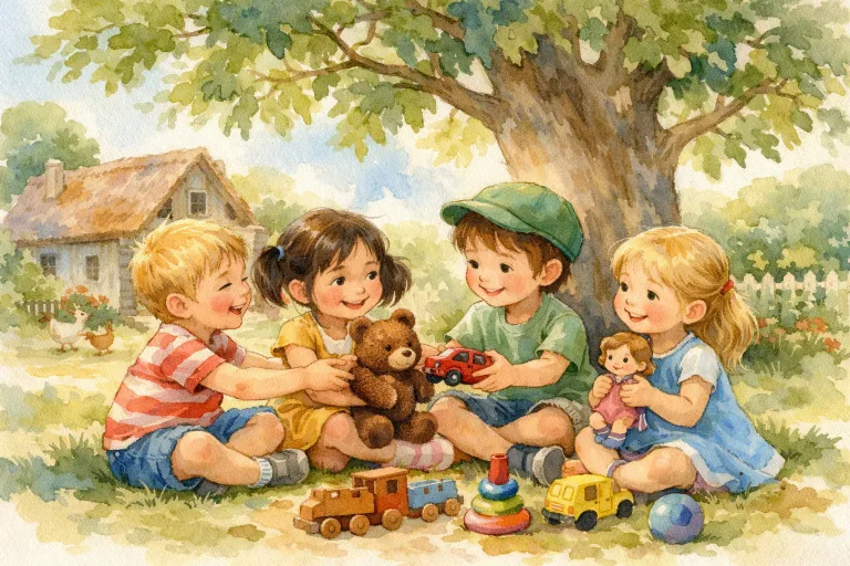 Children sharing toys happily under the big, leafy sharing tree
