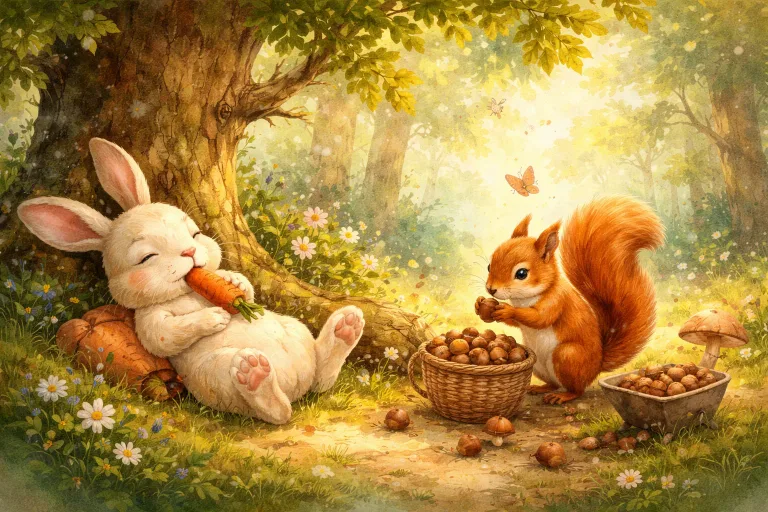 Illustration for The Lazy Rabbit and the Busy Squirrel