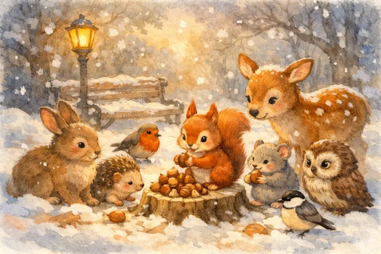 A small squirrel sharing nuts with other animals in a snowy park