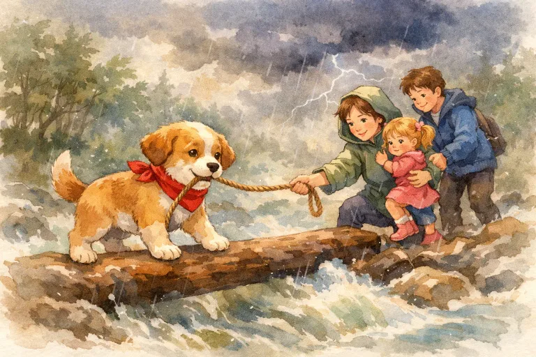 A brave puppy helping a family cross a rushing river during a storm