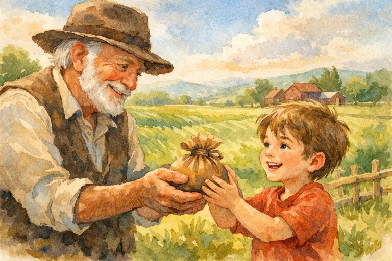 An elderly farmer returning a bag of gold to a young boy in a sunny farmyard