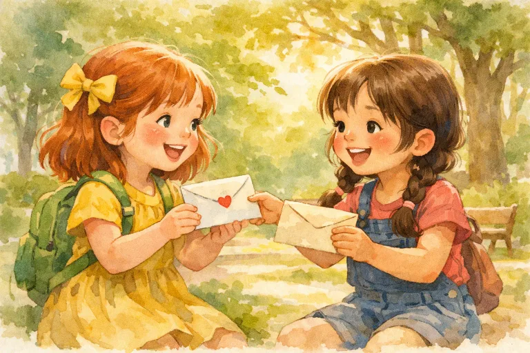 Two girls exchanging letters in a park, smiling warmly