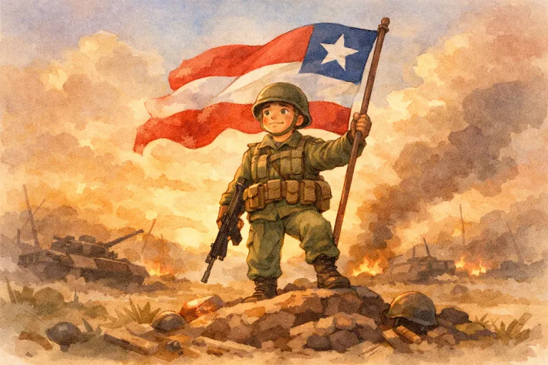 A soldier standing proudly with a flag amidst a battlefield