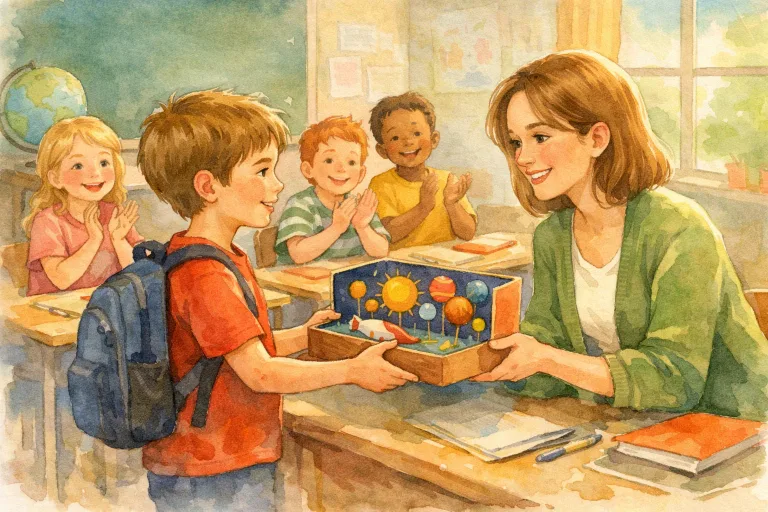 A young boy handing over a lost project to his teacher in a classroom