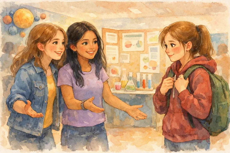 Teens at a science fair supporting a friend in crisis