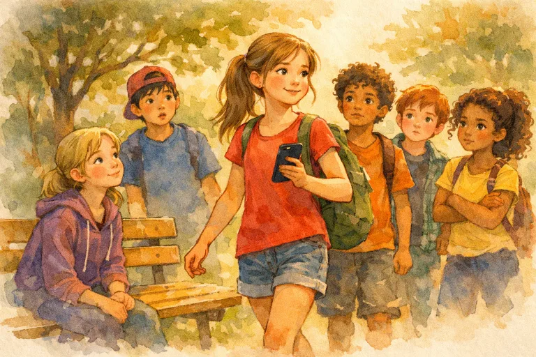 A diverse group of teens finding a lost phone, one girl confidently returning it while others watch