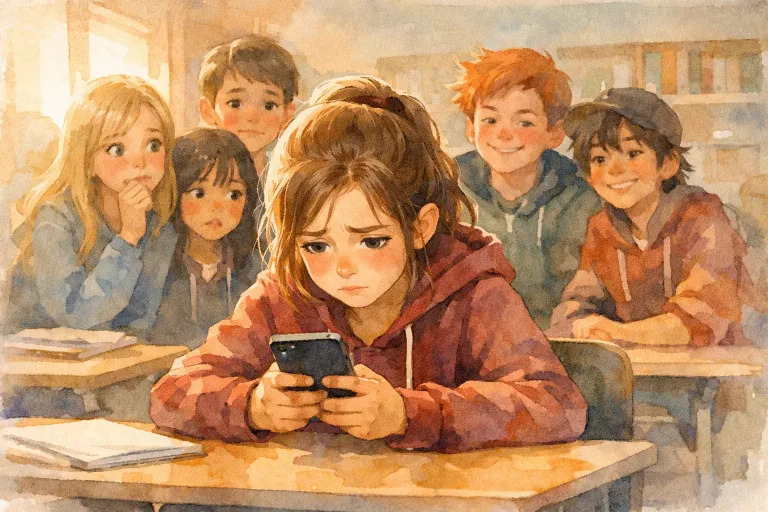 A nervous teen girl looking at her phone with a group chat open, while classmates look on, some worried and some amused.
