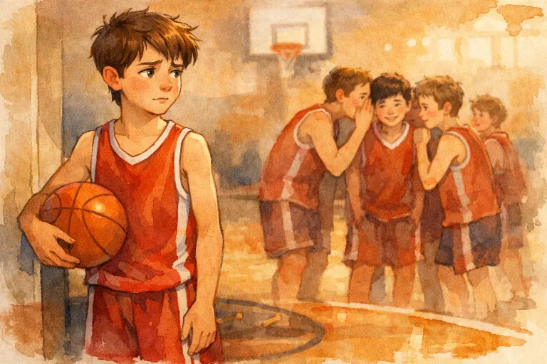 A thoughtful teenage basketball player stands apart, teammates whisper in background