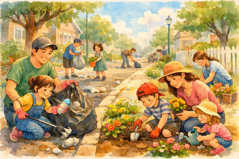 Children and families cleaning up a neighborhood together