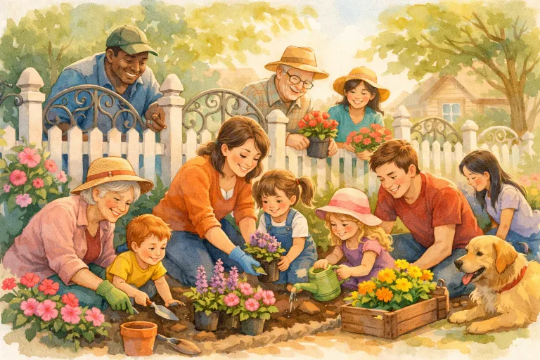 Neighbors planting flowers along a shared fence