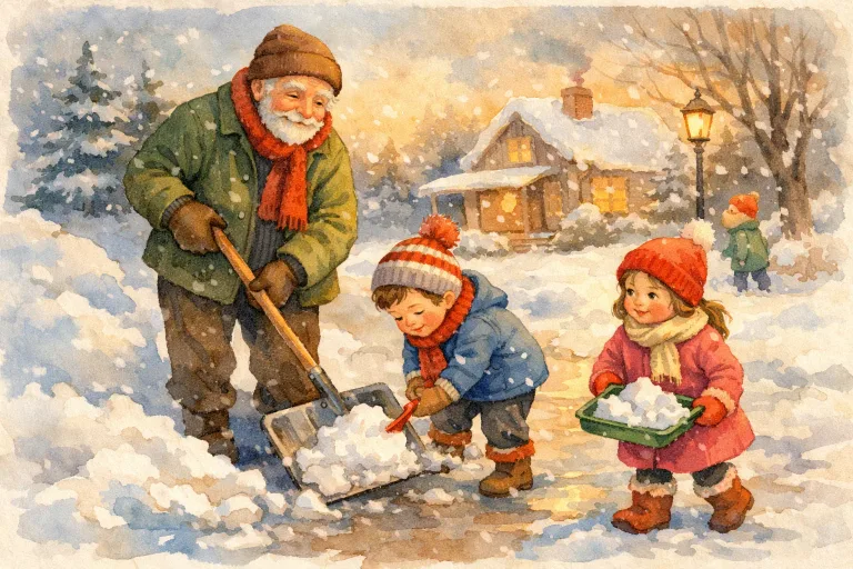 An elderly man shoveling snow while children help in winter