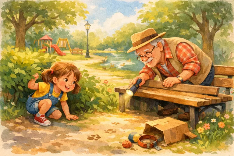 A girl and her neighbor searching for a lost puppy in a park