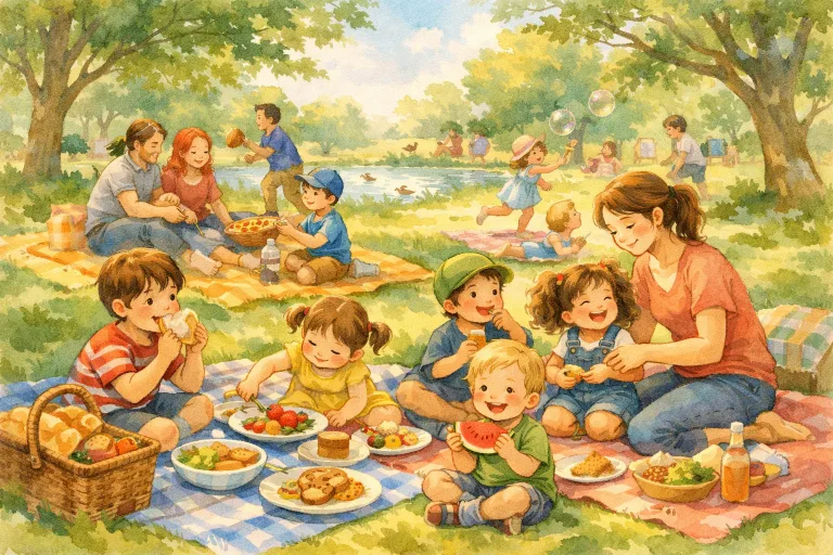 Children and families enjoying a neighborhood picnic together