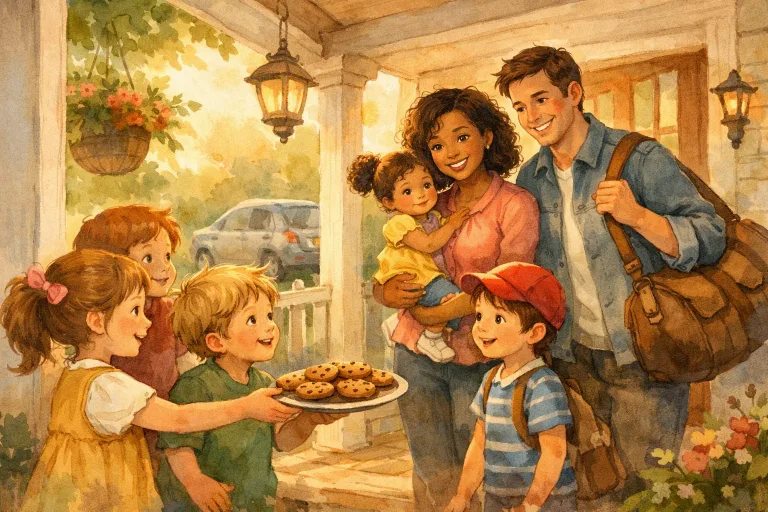 Children welcoming a new family with cookies and smiles