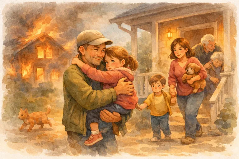 A calm neighbor helping during a house fire emergency