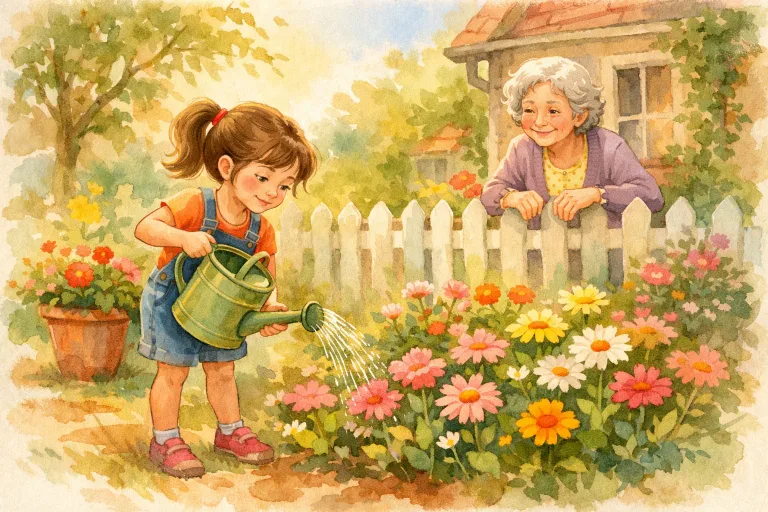 Lily helping her neighbor in the garden with a watering can