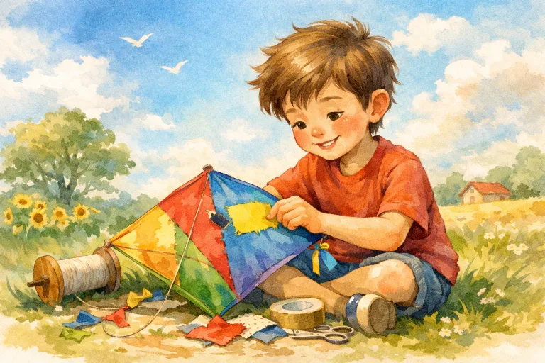 A boy repairing a brightly patched kite in a sunny outdoor setting