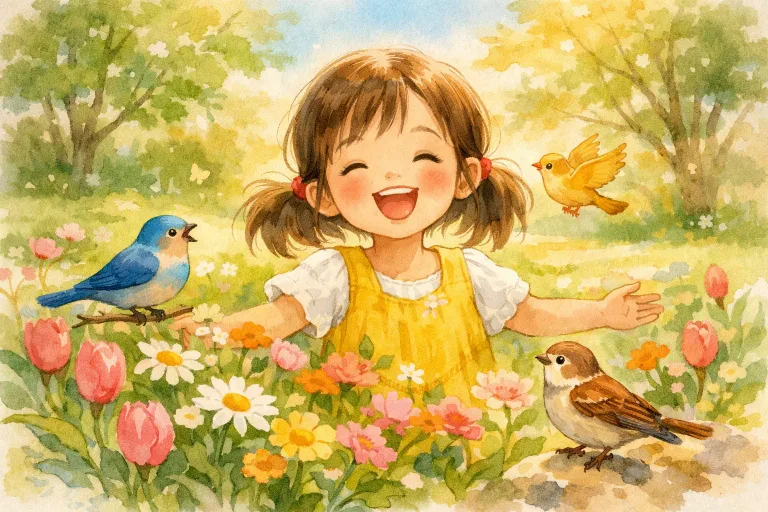 A happy girl exploring a sunny park with flowers and birds