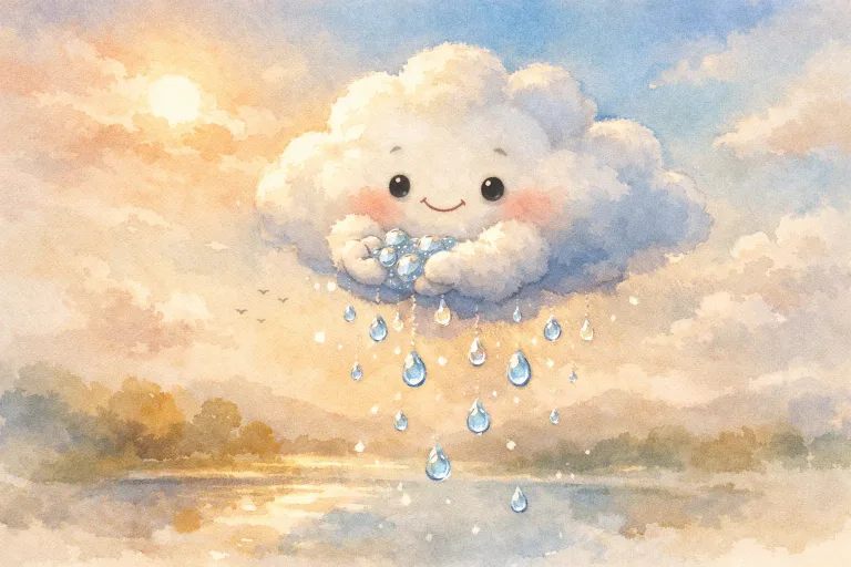 A cheerful small cloud gathering water droplets in a bright sky